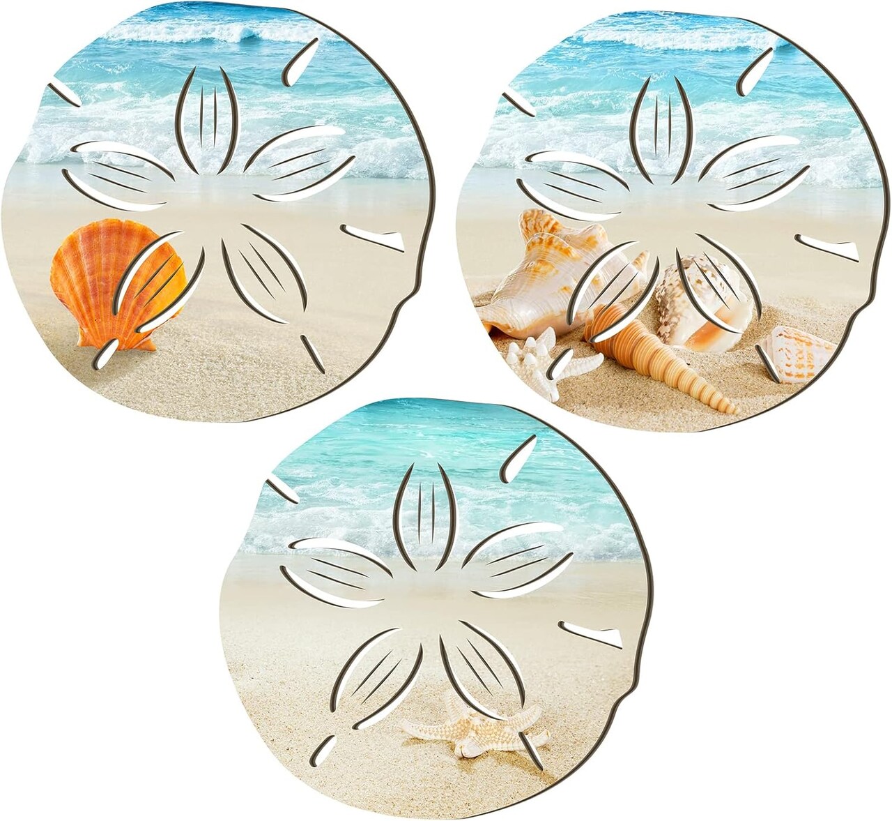 3-Piece Coastal Christmas Wall Decor Set – Beach Wall Art with Sea Turtle, Seahorse, Starfish, Surfboard & Seashells for Bathroom, Bedroom, and Home (Sand Dollar Style)